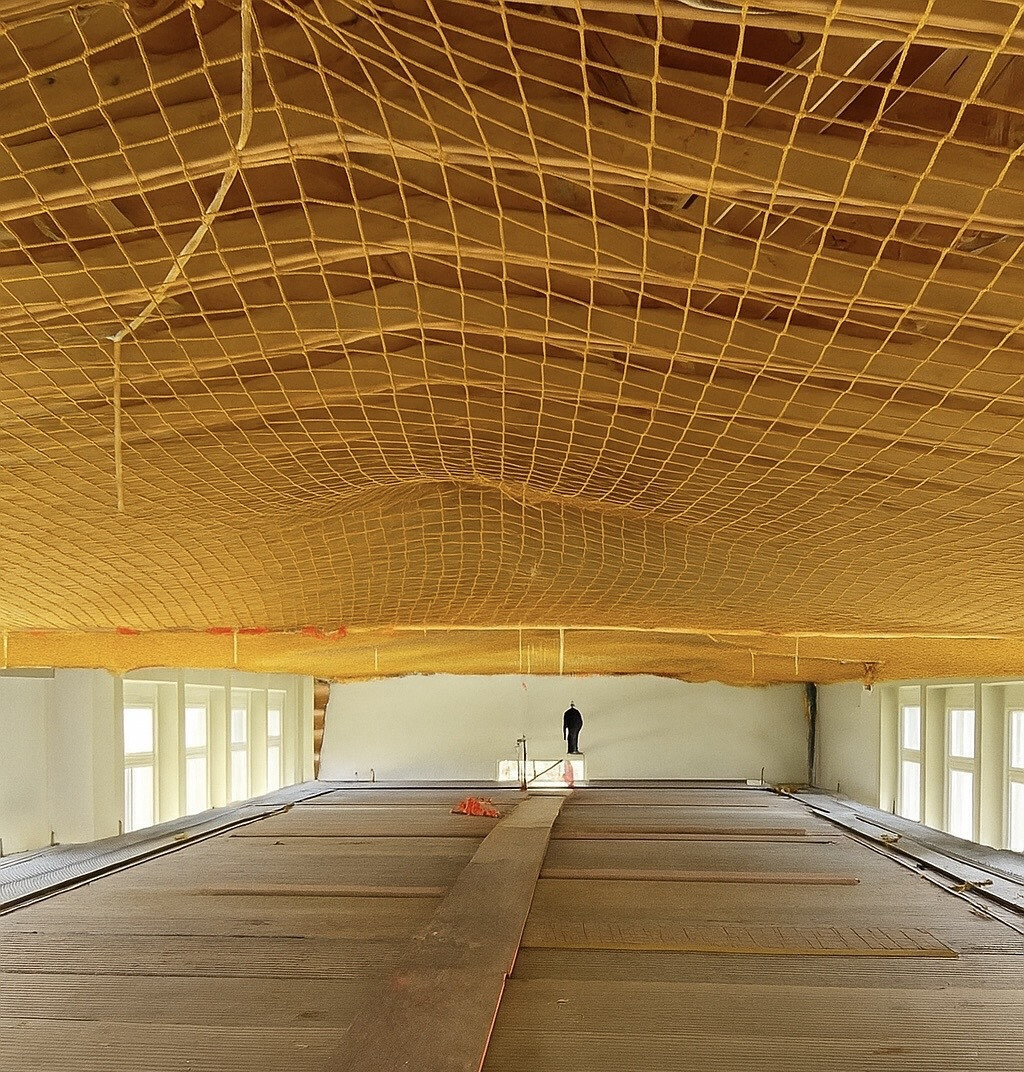 Durchbruchsicherung mit Schutznetz im Dachbereich einer Kirche.